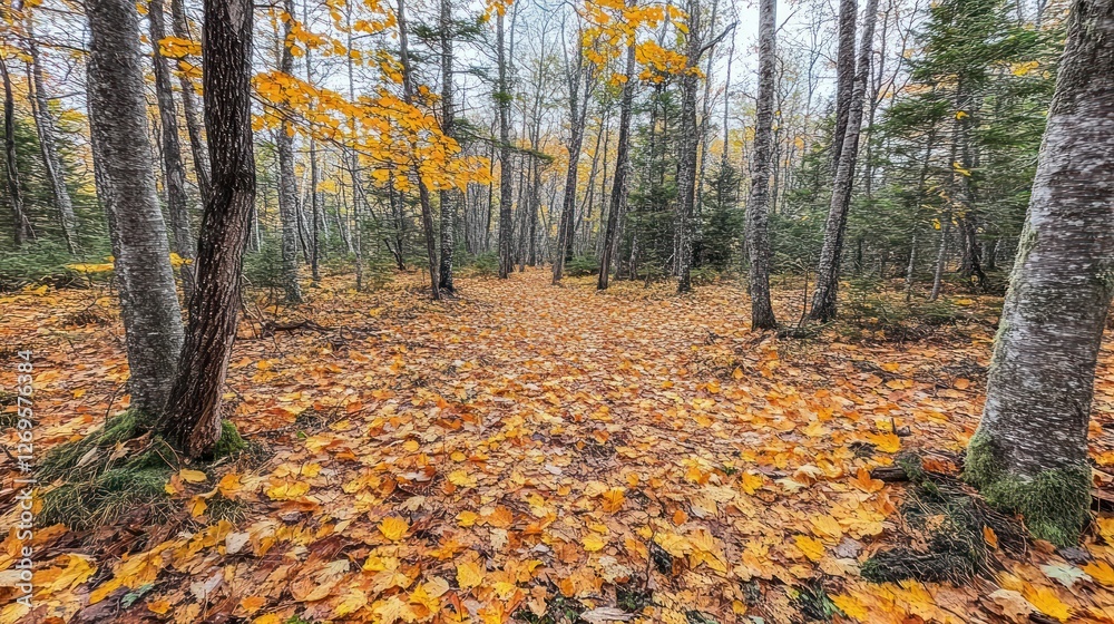 Poster autumn path covered with golden leaves winding through the forest