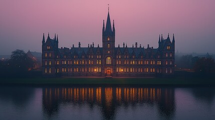 Naklejka premium Gothic castle twilight reflection lake; historic building, education, tourism