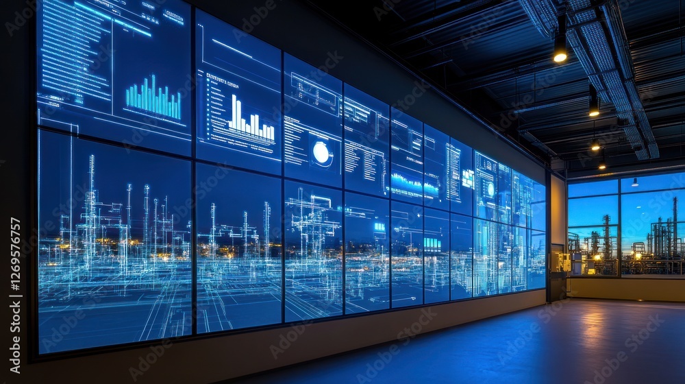 Poster Large display wall showing factory data and design visualizations