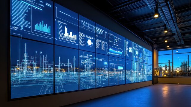 Large display wall showing factory data and design visualizations