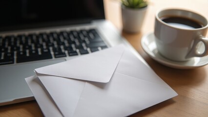 Fototapeta premium Acceptance envelope, Modern workspace acceptance envelope on laptop coffee cup photorealism.
