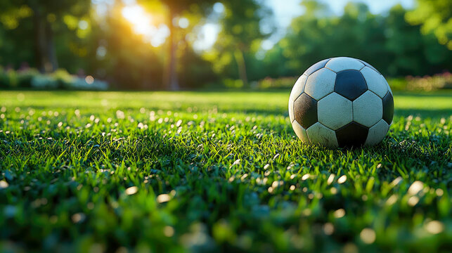 A black and white soccer ball resting on a fresh green grass field with white daisy flowers under bright daylight, evoking a sense of anticipation and play