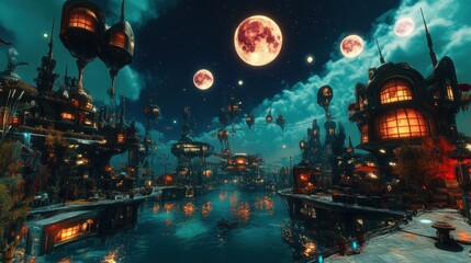 A Futuristic Cityscape Illuminated at Night Under Multiple Moons