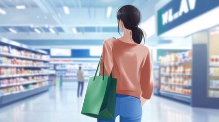 Shopper in a grocery store explores aisles while carrying a green reusable bag