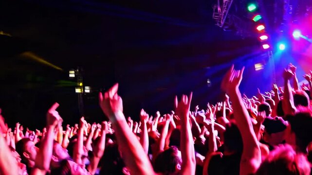 Crowd of people moving rhythmically into the groove with their arms raised, showing horns gesture