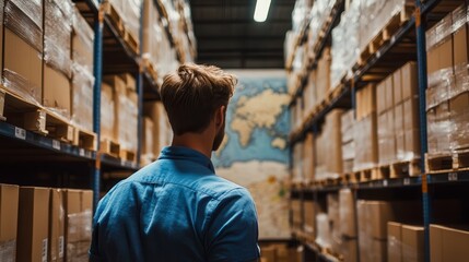 Worker Inspecting Boxes In Distribution Warehouse Aisle And Storage Area With Shelves And Stacked Cardboard Packages Rear View Perspective Of Male Worker In Blue Shirt Indoors During Daytime And