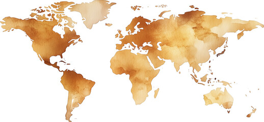 Colorful coffee stain paint world map on transparent background.