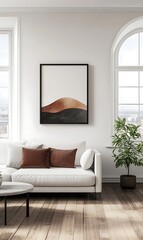 Abstract art print on wall in minimalist living room.