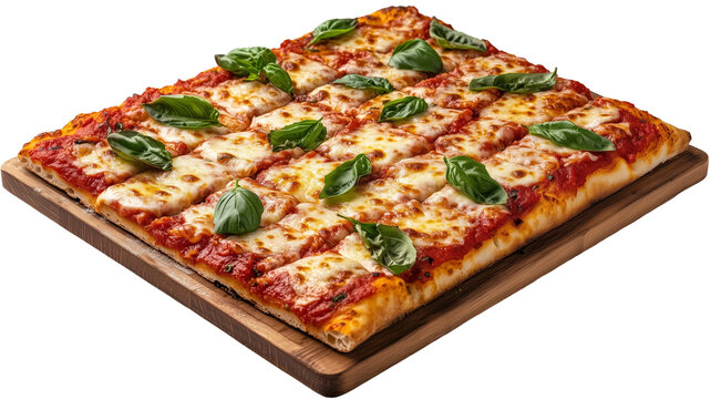 Delicious Rectangular Pizza: A mouthwatering rectangular pizza, generously topped with melted mozzarella cheese, rich tomato sauce, and fresh basil leaves, sits on a rustic wooden board.&nbsp;