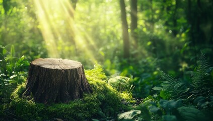 Sunlight streams on forest stump, nature scene