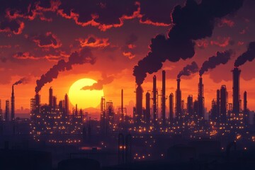 Fototapeta premium Timelapse sunset view over oil refinery with vivid colors and dramatic skies showcasing industrial skyline for energy sector visuals and environmental projects
