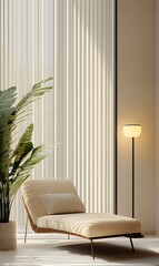 Beige chaise lounge in a sunlit room with sheer curtains and a potted plant.