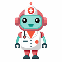 Cute cartoon robot doctor in coat and hat, isolated on white background. Flat illustration style.