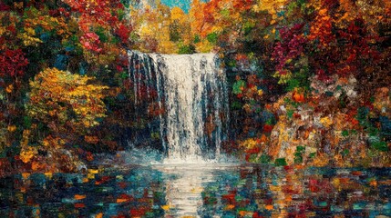 Autumn waterfall cascades into pool, vibrant foliage