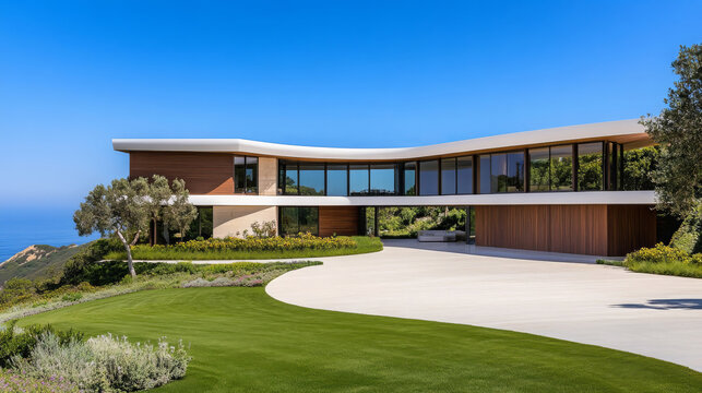 modern home with curved design located on cliff, surrounded by greenery and ocean views, showcasing contemporary architecture and landscaping