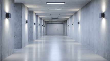 Fototapeta premium narrow corridor in parking garage with gray concrete walls and bright lighting creates modern and spacious atmosphere. sleek design enhances feeling of openness and cleanliness