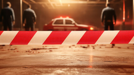 Obraz premium Red and white barrier tape spans across dimly lit scene with police presence, creating sense of urgency and caution. background features police car and officers