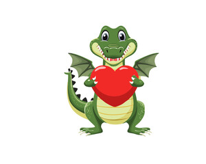 Obraz premium Cute green dragon, cartoon creature, holding heart, Valentine's Day icon, love symbol