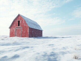 Red barn in snowy field