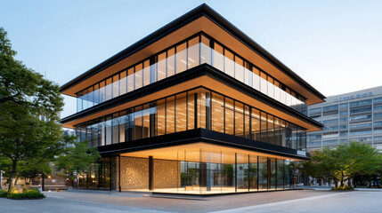 Fototapeta premium striking image of modern glass and steel building showcasing sleek architecture and innovative design, surrounded by greenery and urban landscape