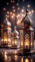 Obraz premium ramadan kareem New Background Ornate Arabic lanterns glowing candles, Ramadan decorations, golden domes, Islamic patterns, soft bokeh background