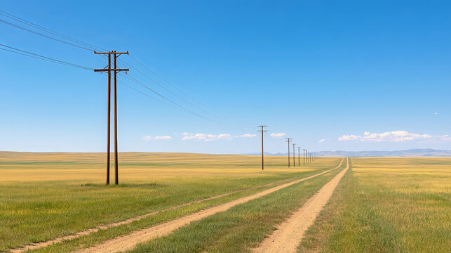 Wide angle view of high voltage powerlines stretching across grassy landscape under clear blue sky, creating serene and expansive atmosphere