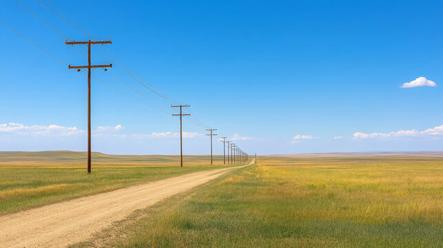 wide angle view of dirt road lined with high voltage powerlines under clear blue sky, showcasing vastness of landscape and tranquility of rural life