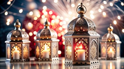 Obraz premium ramadan kareem New Background Ornate Arabic lanterns glowing candles, Ramadan decorations, golden domes, Islamic patterns, soft bokeh background