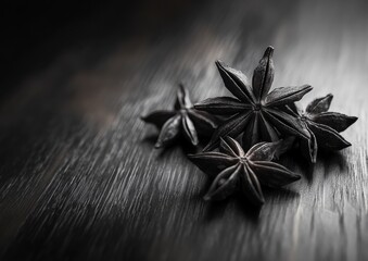star anise on an elegant wooden table, in a monochrome colour palette, with a striking contrast against the background