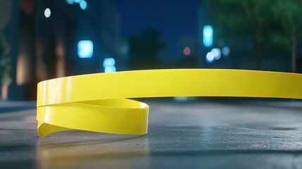 Bright yellow barrier tape lies on city street at night, creating striking visual contrast against urban backdrop. scene evokes sense of caution and alertness