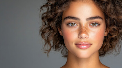 Fototapeta premium close up portrait of young woman with curly hair and freckles, showcasing her natural beauty and expressive features. soft lighting enhances her radiant skin tone and captivating eyes