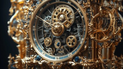 3D design of a mechanical clock with moving gears and an intricate golden casing. 