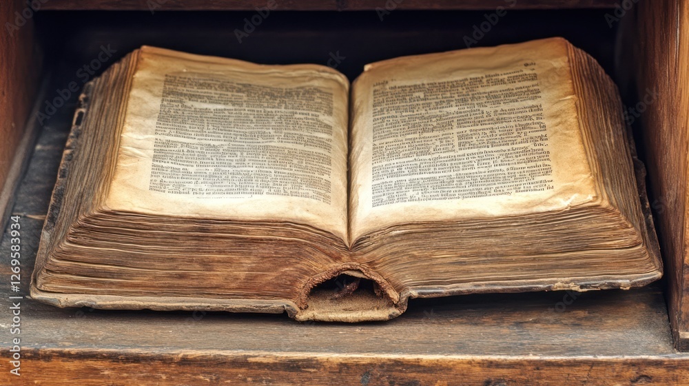 Poster Ancient open book rests on a wooden shelf within frame