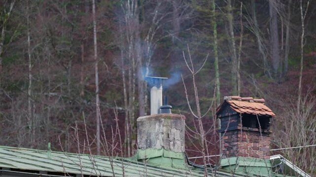 Chimney smoking of a detached house. Heating with wood, coal or wooden pellets results in dense particulate matter in the environment. Fine dust polluting the surrounding area in Germany.