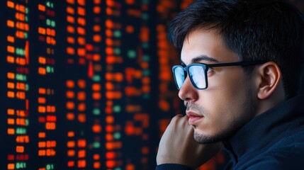 A focused young man analyzes data on a digital screen displaying colorful charts and metrics, highlighting themes of finance and technology.