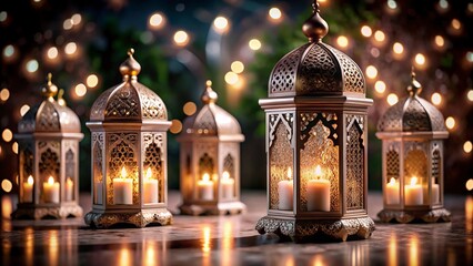 Obraz premium ramadan kareem New Background Ornate Arabic lanterns glowing candles, Ramadan decorations, golden domes, Islamic patterns, soft bokeh background