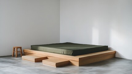 Minimalist bedroom with platform bed, wooden steps, and stool.
