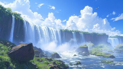Fototapeta premium Iguazu Falls, birds flying, sunny day, lush vegetation, travel tourism