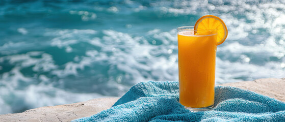 Summer orange juice and blue towel, Copy space