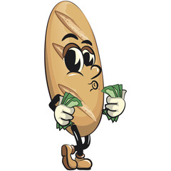 baguette bread cartoon isolated vektor illustration mascot character carrying money while whistling, work of hand drawn
