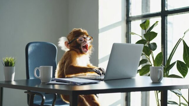 Professional primate reviews data on screen. Brown monkey wearing glasses expresses excitement at modern workstation. Static composition.