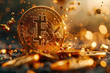 Fototapeta premium Golden bitcoin logo shines amidst a sparkling background of coins and light