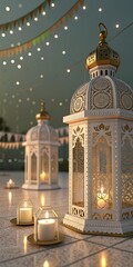 Obraz premium ramadan kareem New Background Ornate Arabic lanterns glowing candles, Ramadan decorations, golden domes, Islamic patterns, soft bokeh background