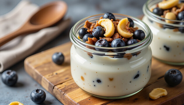 Creamy protein yogurt parfait with blueberries and cashews, healthy treat