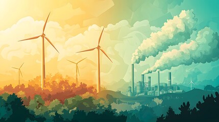 Wind turbines and industrial plants coexist in contrasting landscapes at sunset