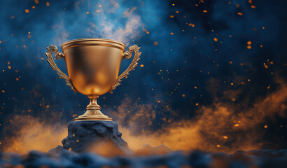 Golden Trophy of Victory with a Dramatic Background