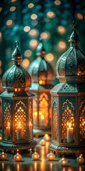 Obraz premium ramadan kareem New Background Ornate Arabic lanterns glowing candles, Ramadan decorations, golden domes, Islamic patterns, soft bokeh background