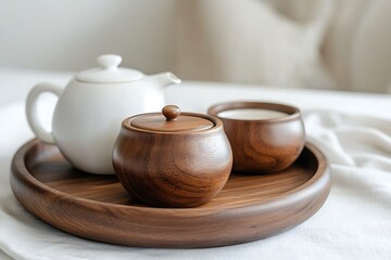 Wooden Tray with Teapot and Cups