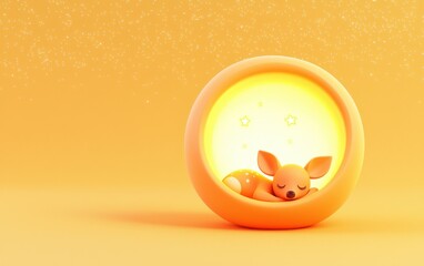 A cute animated character sleeps peacefully inside a glowing circular nook, surrounded by a warm orange background.