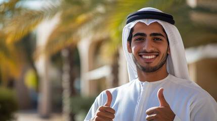 Naklejka premium young Middle Eastern man smiling and giving thumbs up in sunny outdoor setting, radiating warmth and positivity